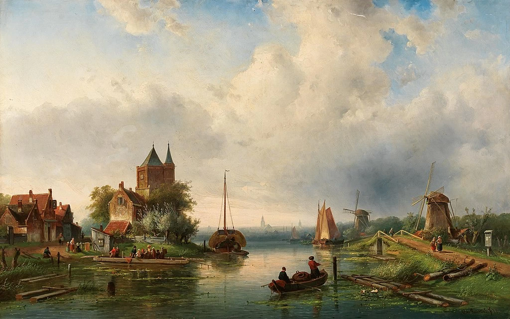 Charles Leickert - Paesaggio fluviale con mulini a vento 1848